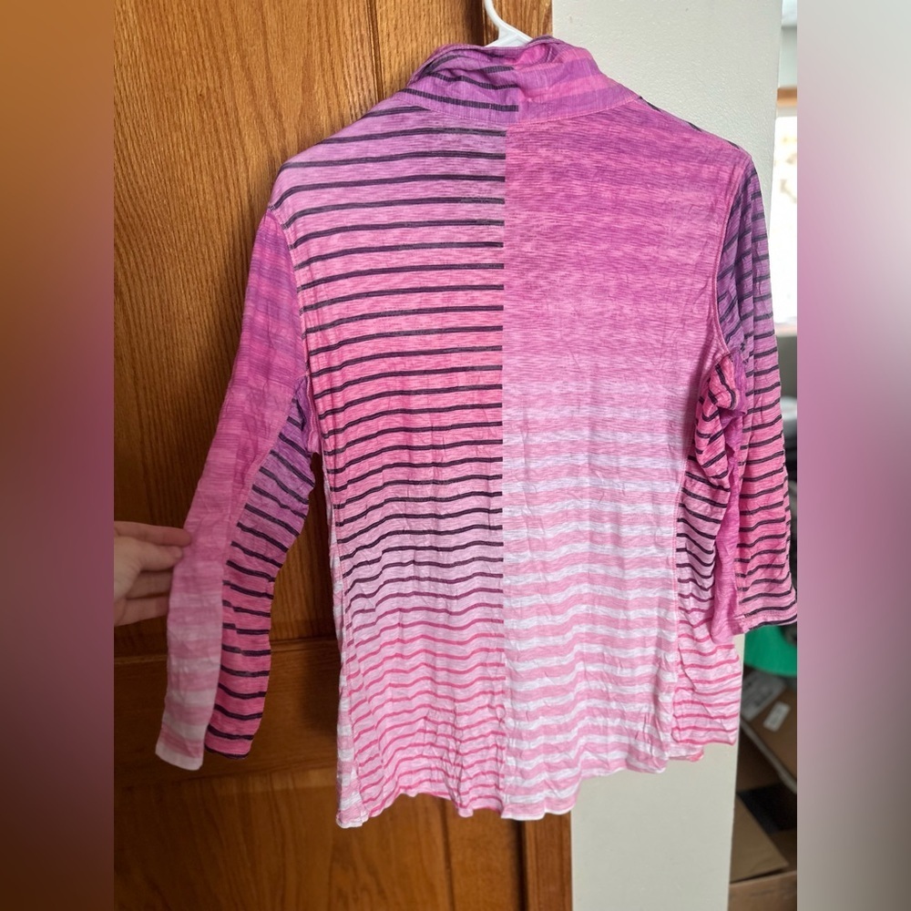 David Cline Pink Striped Button Front Top Lightweight Stretch Collared Blouse - Picture 3 of 4